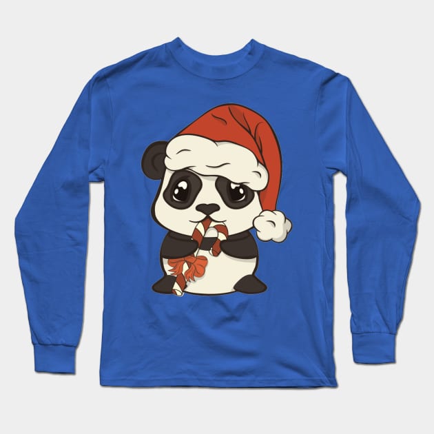 Cute Christmas panda bear in red Santa's hat with pompon eat sugar lollipop striped stick Long Sleeve T-Shirt by amramna